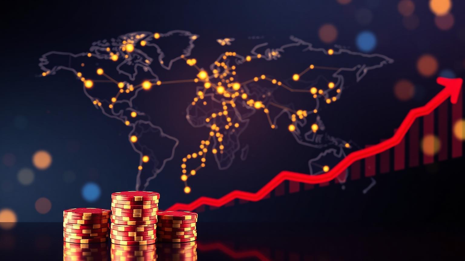 Illustration of a glowing world map with connected nodes, stacks of casino chips and a rising red trend arrow, representing cross-border online casino growth